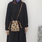 Fleece Leopard Print Drawstring Crossbody Bag Leopard - Beige - One Size
