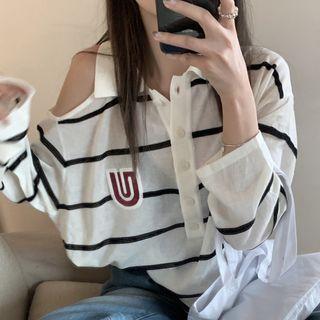 Asymmetrical Cold-shoulder Striped Knit Top