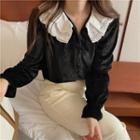 Long-sleeve Lace Collar Button-up Blouse Black - One Size