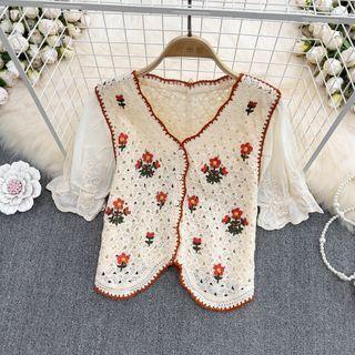 Embroidered Crochet Knit Panel Crop Cardigan