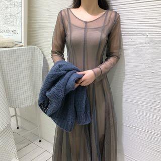 Perforated V-neck Sweater / Mesh Long-sleeve A-line Midi Dress / Set: Perforated V-neck Sweater + Mesh Long-sleeve A-line Midi Dress