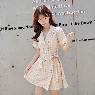 Short-sleeve Gingham Double Breasted A-line Mini Dress