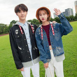 Couple Matching Mock Two-piece Hooded Buttoned Denim Jacket
