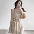 Long-sleeve Off-shoulder Tie-strap Knit Mini Bodycon Dress