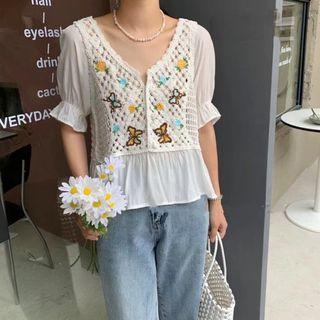 Short-sleeve Crochet Knit Blouse