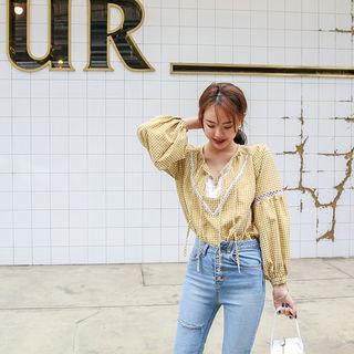 Balloon-sleeve Lace-trim Gingham Blouse