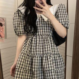 Short-sleeve Lace Collar Plaid Tiered Mini A-line Dress