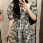 Short-sleeve Lace Collar Plaid Tiered Mini A-line Dress