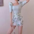 Square-neck Puff-sleeve Cropped Top / Tie-dyed Mini Skirt