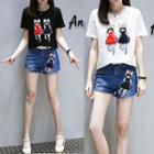 Set: Short-sleeve Cat Applique T-shirt + Denim Shorts