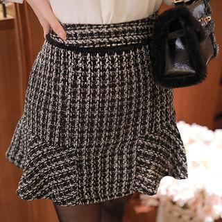Inset Shorts Ruffle-hem Tweed Miniskirt