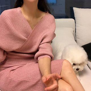 Set: Wrap-front Tube-hem Knit Top + Skirt Pink - One Size