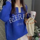 Long-sleeve Polo Collar Lettering Knit Sweater Blue - One Size