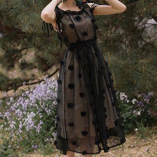 Set: Flower Applique Tie-shoulder Midi A-line Dress + Slipdress