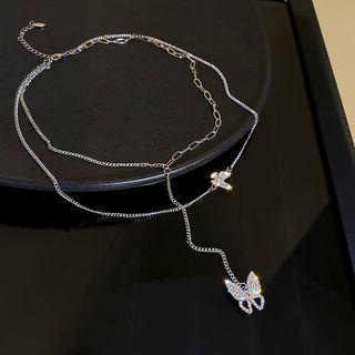 Butterfly Rhinestone Layered Choker Necklace Silver - 43.5cm