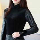 Mock-neck Faux-leather Panel Long-sleeve Top