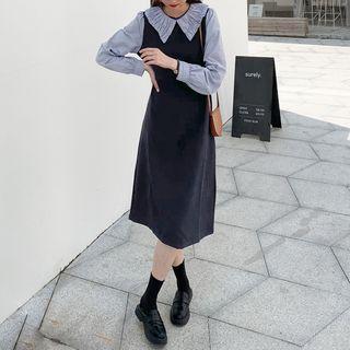 Mock Two-piece Collared Midi A-line Dress