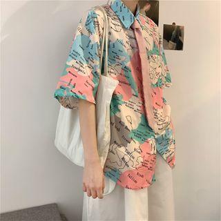 Map Print Tie-neck Elbow-sleeve Shirt As Shown In Figure - One Size