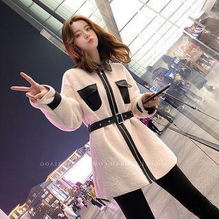 Belted Faux Leather Panel Zip Jacket