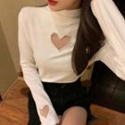 Long-sleeve Faux Pearl Mesh Heart Mock-neck T-shirt White - One Size
