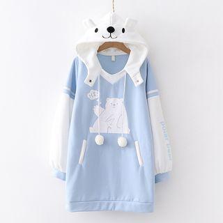 Bear Print Pompom-detail Hooded Sweater As Shown In Figure - One Size