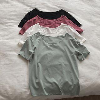 Square-neck Short-sleeve Plain T-shirt