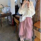 Ruffle Panel Knit Top / Mesh Midi A-line Skirt