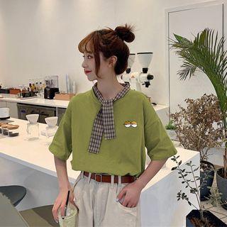 Tie-neck Short-sleeve Eye Print T-shirt