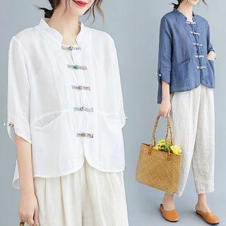 Balloon-sleeve Frog Buttoned Blouse