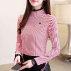 Stand Collar Lace-trim Striped Blouse