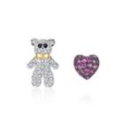 Simple And Cute Bear Heart-shaped Asymmetrical Stud Earrings With Cubic Zirconia Silver - One Size