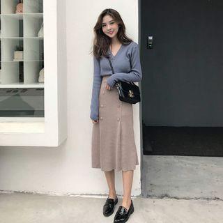 Set: V-neck Cardigan + Buttoned Midi Straight-fit Skirt