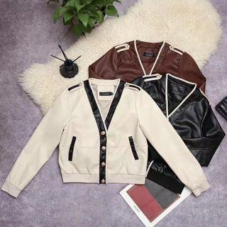 Contrast Trim Faux Leather Button-up Jacket