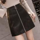 High-waist Faux Leather Zipped Skirt