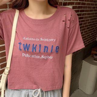 Letter Embroidered Distressed Cropped T-shirt