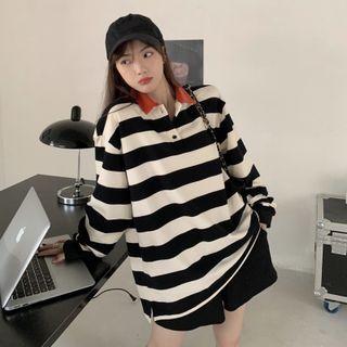Striped Collared Sweatshirt Stripe - Black & White - One Size