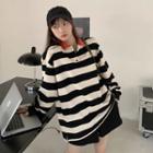 Striped Collared Sweatshirt Stripe - Black & White - One Size