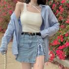 Asymmetrical Tank Top / Lace-up Denim Mini Pencil Skirt / Shirt