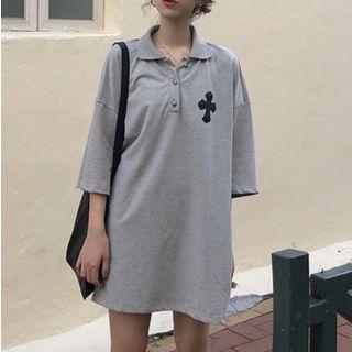 Elbow-sleeve Cross Print Mini Polo Shirt Dress
