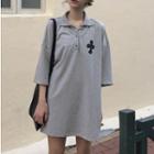 Elbow-sleeve Cross Print Mini Polo Shirt Dress