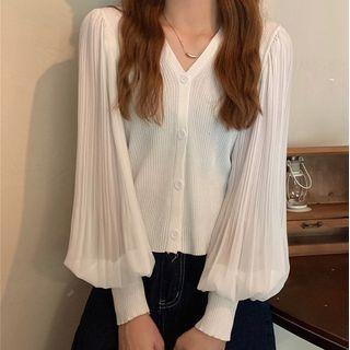V-neck Chiffon Panel Long-sleeve Cardigan