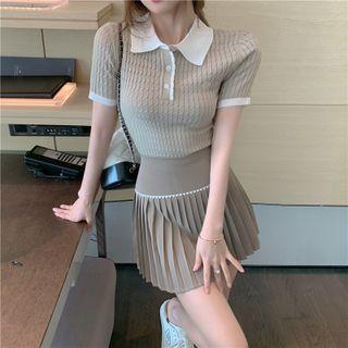 Short-sleeve Polo-neck Knit Top / Pleated Mini A-line Skirt