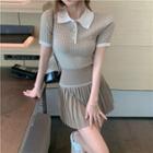 Short-sleeve Polo-neck Knit Top / Pleated Mini A-line Skirt