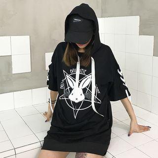 Rabbit Print Hooded Elbow-sleeve T-shirt
