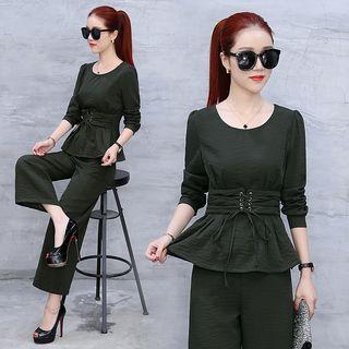 Set: Long-sleeve Tie-up Top + Cropped Wide-leg Pants