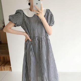 Plaid Short-sleeve Midi A-line Dress Black & White - One Size