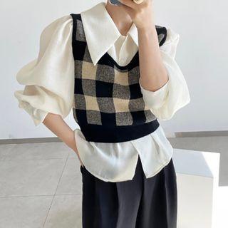 Plaid Knit Vest / Shirt / Wide-leg Pants