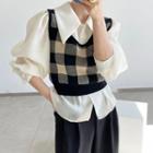 Plaid Knit Vest / Shirt / Wide-leg Pants