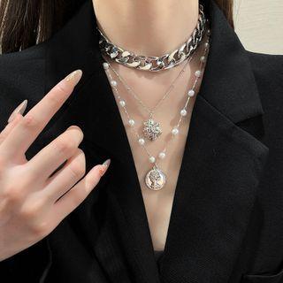 Set Of 3: Necklace Set - Silver - One Size