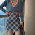 Set: V-neck Sweater + Plaid A-line Mini Skirt